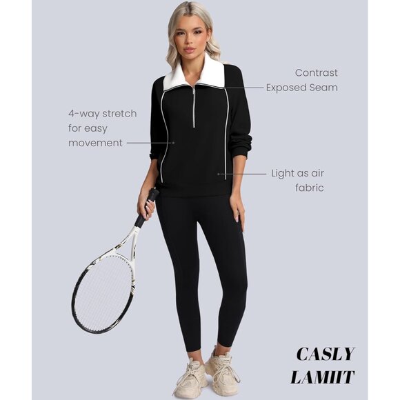 Womens Fashion Half Zip Oversized Sweatshirts Contrast Zipper Pullover Hoodies - Picture 5 of 6